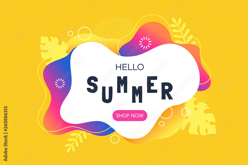 Poster hello summer vector illustration. summer sale web banner template. colorful abstract background with
