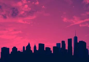 Foto op Canvas New York City skyline gebouwen en lege lucht in roze en blauw © deberarr