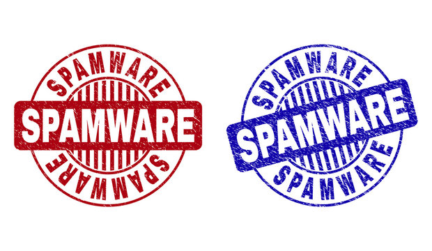 Grunge SPAMWARE round stamp seals isolated on a white background. Round seals with grunge texture in red and blue colors. Vector rubber imprint of SPAMWARE caption inside circle form with stripes.