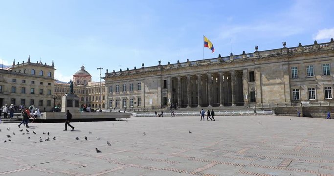 Bogota,  Colombia March 06  Bolivar square the main square of La Candelaria district, located in the oldest district of La Candelaria is the biggest square in Colombia.  Shoot on March 06, 2019