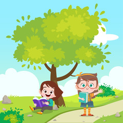 Obraz na płótnie Canvas kids reading a book the park vector illustration