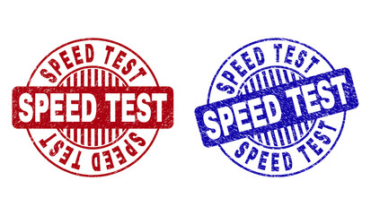 Grunge SPEED TEST round stamp seals isolated on a white background. Round seals with grunge texture in red and blue colors. Vector rubber overlay of SPEED TEST caption inside circle form with stripes.