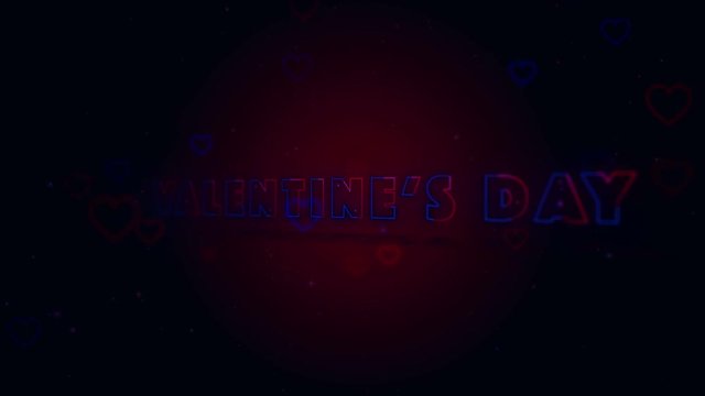 Valentine's Day. Little hearts are on dark background with sparks. Conceptual backgroud. Appearing and disappearing lettering. Turning. Action. Animation. 3D. 4K.
