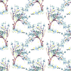 hand drawn blooming apple tree seamless pattern. It's perfect for wallpaper, fabric design, textile design, cover, wrapping paper, surface textures, digital paper.