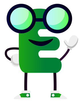 Green letter E wit glasses vector illustration on white background