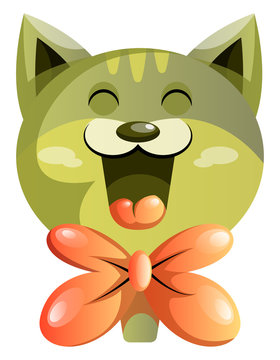 Happy Green Cat With Orange Bowtie Vector Illustartion On White Background