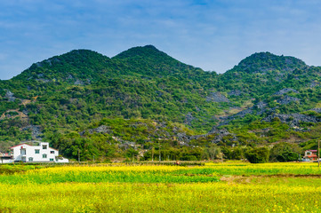 Countryside and mountain scenery with blue sky background 
