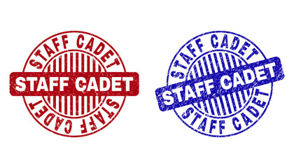 Grunge STAFF CADET round stamp seals isolated on a white background. Round seals with distress texture in red and blue colors.