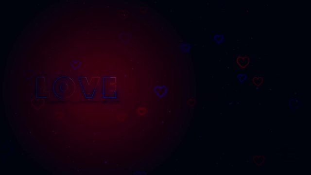 Love is in the air. Little hearts are on dark background with sparks. Conceptual backgroud. Close up. Left allocation. Action. Animation. 3D. 4K.