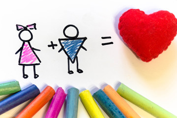 notebook with white sheet girl + boy = love on white background red heart equation pastel
