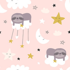 Cute seamless magic forest pattern for kids, baby apparel, fabric, textile, wallpaper, bedding, swaddles with unicorn, Scandinavian style for clothes, swaddles, apparel, planner, sticker