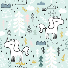 Cute seamless magic forest unicorn pattern for kids, baby apparel, fabric, textile, wallpaper, bedding, swaddles with unicorn, Scandinavian style for clothes, swaddles, apparel, planner, sticker