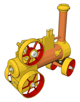 3D vector illustration of yellow and orange steam engine machine on white background