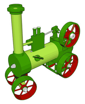 3D vector illustration of green steam engine machine on white background