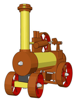 3D vector illustration of brown and yellow steam engine machine on white background