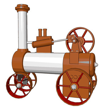 3D vector illustration of orange and white steam engine machine on white background