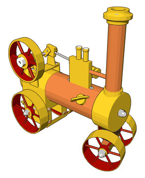 3D vector illustration of yellow and orange steam engine machine on white background