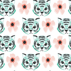 Bezszwowy wektor zieleni tygrysi twarz wzór z różowymi kwiatami kwitnie na białym tle - 260892546