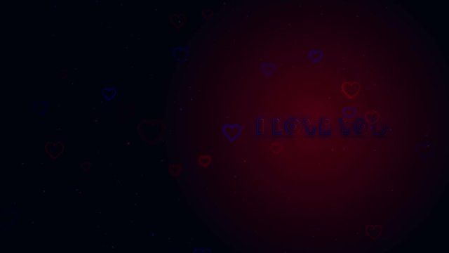 I Love You. Little hearts are on dark background with sparks. Conceptual backgroud. Appearing and disappearing lettering. Zooming. Right allocation. Action. Animation. 3D. 4K.