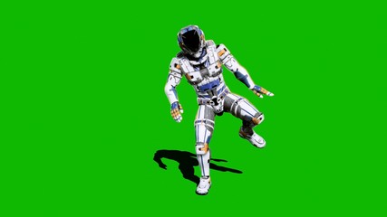Fototapeta na wymiar Astronaut-soldier of the future, dancing in front of a green screen. 3D Rendering