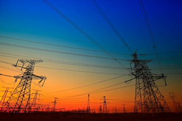 Fototapeta premium Pylon, high-voltage tower sky background.