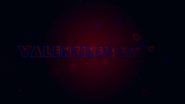 Valentine's Day. Little hearts are on dark background with sparks. Conceptual backgroud. Appearing and disappearing lettering. Turning around. Action. Animation. 3D. 4K.