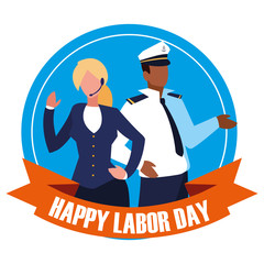 labour day celebration seal with sailor man with businesswoman