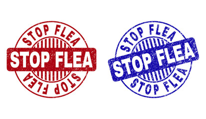 Grunge STOP FLEA round stamp seals isolated on a white background. Round seals with grunge texture in red and blue colors. Vector rubber imprint of STOP FLEA text inside circle form with stripes.