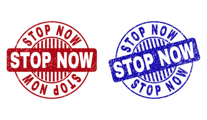 Grunge STOP NOW round stamp seals isolated on a white background. Round seals with grunge texture in red and blue colors. Vector rubber imprint of STOP NOW label inside circle form with stripes.