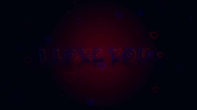I Love You. Little hearts are on dark background with sparks. Conceptual backgroud. Appearing and disappearing lettering. Zooming. Action. Animation. 3D. 4K.