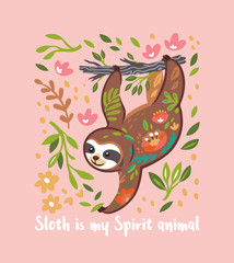 Sloth is my Spirit animal. Cute vector sloth bear animal character hanging on a tree. Vector illustration © penguin_house