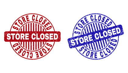 Grunge STORE CLOSED round stamp seals isolated on a white background. Round seals with grunge texture in red and blue colors.