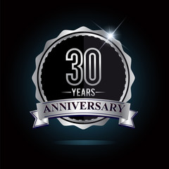 30th anniversary logo with ribbon and silver shiny badge, vector design for birthday celebration