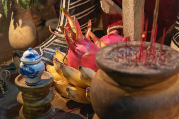 A traditional Vietnamese alter offering at a temple