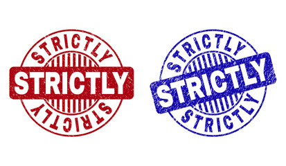Grunge STRICTLY round stamp seals isolated on a white background. Round seals with grunge texture in red and blue colors. Vector rubber imprint of STRICTLY title inside circle form with stripes.