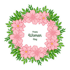 Vector illustration lettering happy women day for style green leafy wreath frame