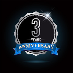 3rd anniversary logo with blue ribbon and silver shiny badge, vector design for birthday celebration