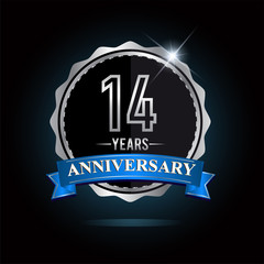 14th anniversary logo with blue ribbon and silver shiny badge, vector design for birthday celebration