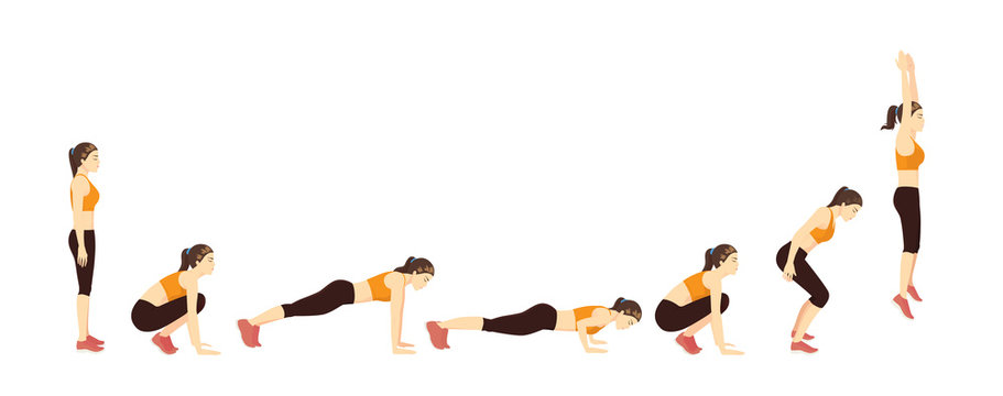 Woman doing a Burpee with Push Up step for exercise guide