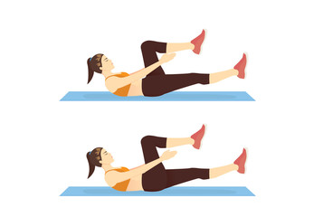 Woman doing Crunch Clap Exercise in 2 step for guide. Illustration about introduction workout posture.