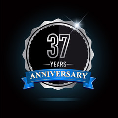 37th anniversary logo with blue ribbon and silver shiny badge, vector design for birthday celebration