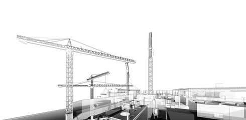Construction crane. Building crane on the Architecture background. Perspective 3d Wireframe of building
