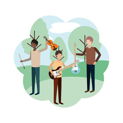 men with musical instruments in landscape