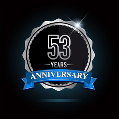 53rd anniversary logo with blue ribbon and silver shiny badge, vector design for birthday celebration