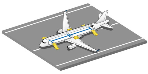 Isometric Plane Crash Airplane Slide . Airbus Window Rescue. emergency evacuation slides deployed. Plane 3d Illustration Vector. 