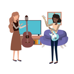 women with musical instruments in living room