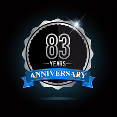 83rd anniversary logo with blue ribbon and silver shiny badge, vector design for birthday celebration