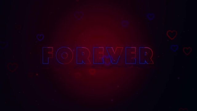 Forever together. Little hearts are on dark background with sparks. Conceptual neon backgroud. Appearing and disappearing lettering. Zooming. Action. Animation. 3D. 4K.