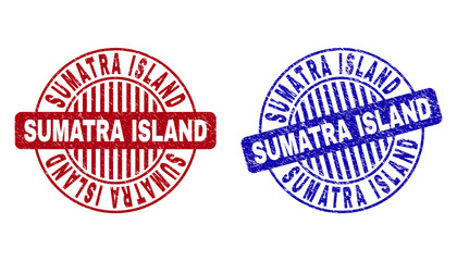 Grunge SUMATRA ISLAND round stamp seals isolated on a white background. Round seals with grunge texture in red and blue colors.