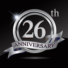 26th anniversary logo with silver ring and ribbon. Vector design template elements for your birthday celebration.